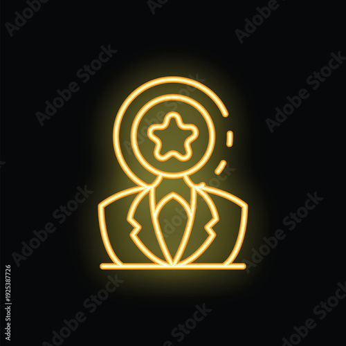 Neon sign representing a businessman wearing a badge with a star, concept of best worker or employee of the month