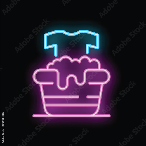 Neon sign depicting a laundry basket filled with water and soap suds, with a t shirt floating above, symbolizing laundry day