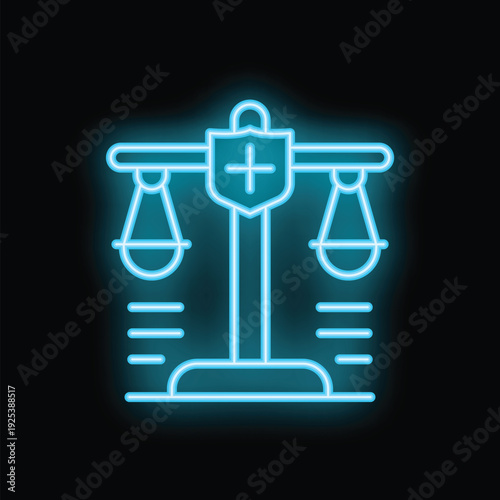 Blue neon icon of balanced scale with shield and cross symbol, representing medical law and healthcare justice