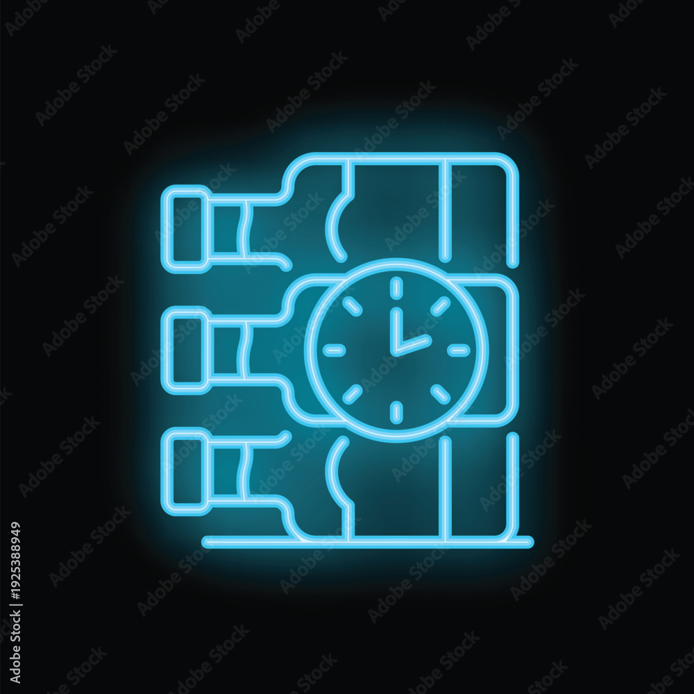 Naklejka premium Glowing blue neon icon of a clock and wine bottles, perfect for representing wine tasting events or the anticipation of enjoying a bottle
