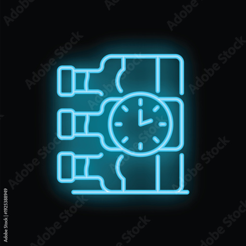 Glowing blue neon icon of a clock and wine bottles, perfect for representing wine tasting events or the anticipation of enjoying a bottle