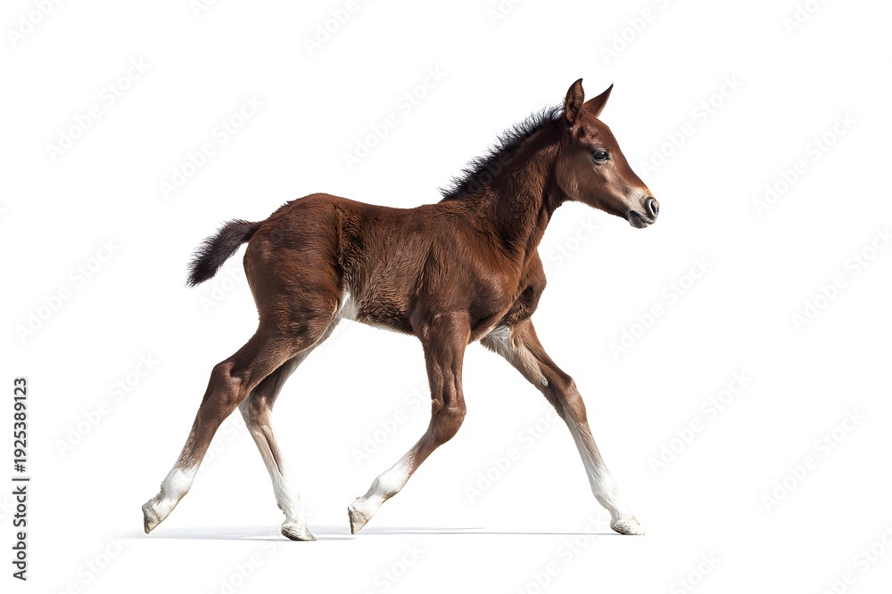 Fototapeta premium Young colt mid-gallop on white, showcasing muscular build and smooth coat.