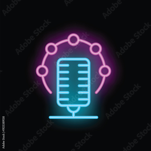 Neon microphone icon glowing inside a network representing podcast broadcasting and audience