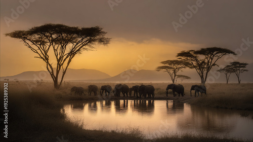 Elephants Drinking at a Watering Hole During Sunset