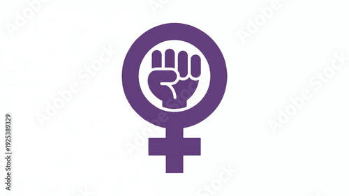 Purple female symbol with raised fist inside circle