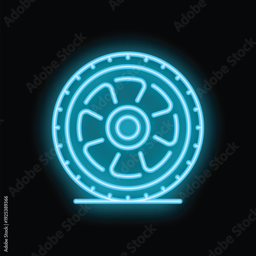 Blue neon sign representing a car wheel with tire, perfect for any transportation or automotive related design project