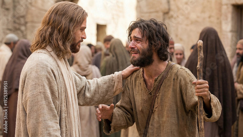 Jesus healing a paralyzed man in a biblical scene