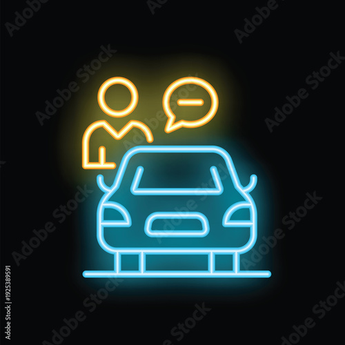 Neon icon representing a man discussing about a car sharing service, ideal for websites or apps