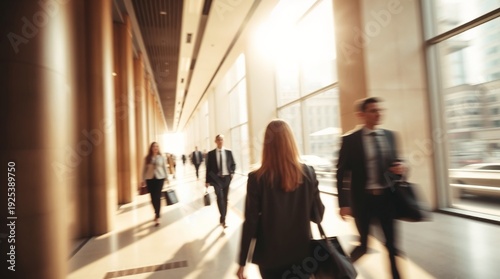 motion blur image of business people crowd walking at corporate office in city downtown