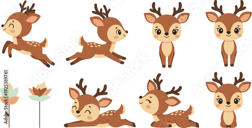 Cute Baby Deer Cartoon Character Pose Collection with Forest Flowers Kawaii Fawn Vector Set for Kids Nursery Stickers and Prints.