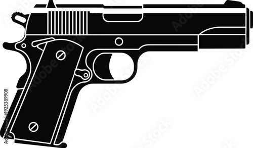Black handgun silhouette vector illustration, semi automatic pistol side view isolated on white background, detailed firearm clipart icon for security, military, law enforcement design.