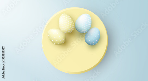 3D vector illustration of top view yellow cylinder podium with pastel colorful Easter eggs on blue background. Concept for spring holiday product display and minimalist promotion banner template.