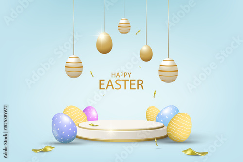 3D vector illustration of white cylinder podium with colorful eggs and hanging gold eggs on blue background. Concept for Happy Easter holiday celebration and luxury sale promotion banner template.