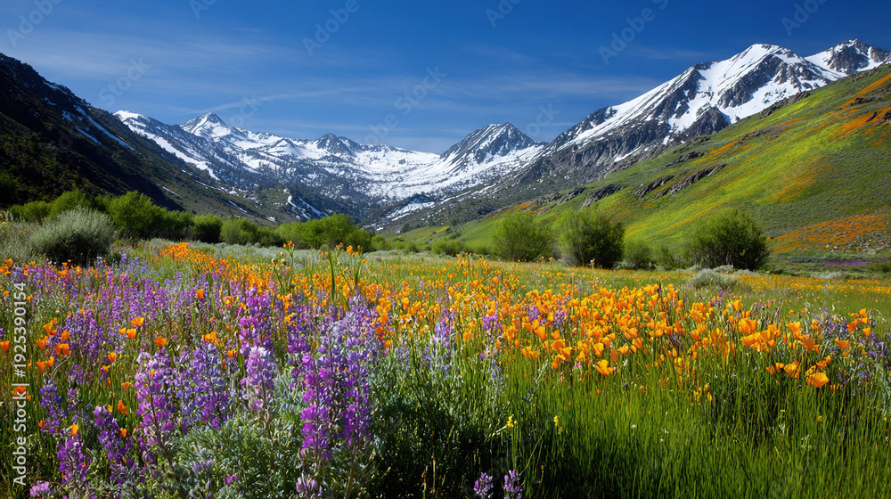 Fototapeta premium Colorful wildflowers in a mountainous valley under clear blue skies