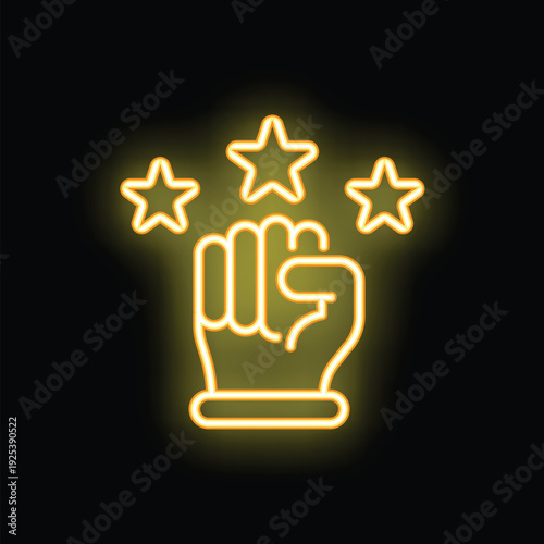 Clenched fist reaching for the stars in this neon sign vector illustration is perfect for topics of ambition, achievement, and striving for success
