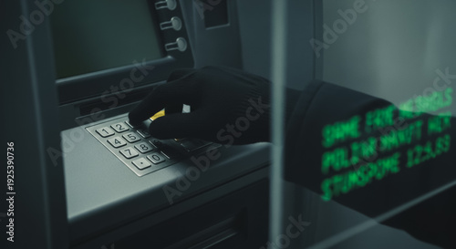 Gloved hand entering PIN on an ATM keypad, with a blurred green digital reflection, symbolizing banking, security, cybercrime, or fraud.