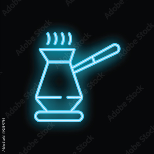 Bright neon blue icon of a cezve coffee pot brewing fresh coffee, isolated on black background