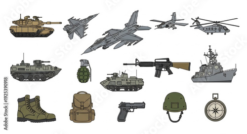 Collection of Military Vehicles and Equipment.