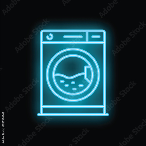 Blue neon sign depicting a front loading washing machine with clothes inside, glowing on a black background