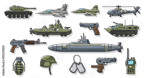 Collection of military vehicles and equipment illustration.
