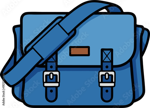 Blue Messenger Bag with Buckles and Strap.