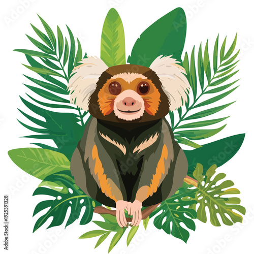 Cartoon marmoset primate with tropical foliage illustration