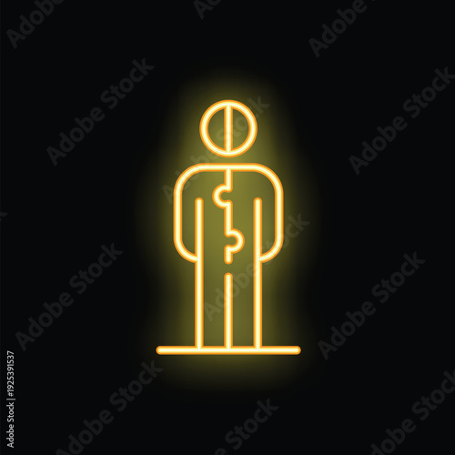 Yellow neon sign of a chinese man wearing traditional clothes standing still on a black background