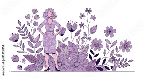 A confident woman in a purple outfit standing among various flowers and leaves on a white background with a playful and elegant mood.