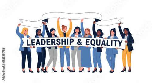 Diverse group of people holding a Leadership & Equality banner with raised arms in a colorful illustration against a white background.