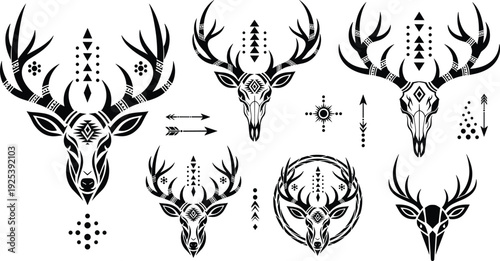 Deer Skull with Antlers Tribal Boho Style Vector Collection Native Geometric Animal Head Symbols for Tattoo Logo and Spiritual Design.