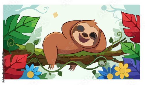Adorable sloth comic illustration in colorful forest