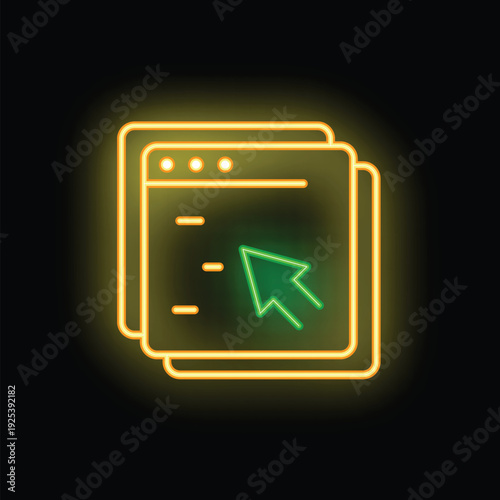 Neon sign of multiple internet browser windows with a bright green mouse cursor clicking on the front window