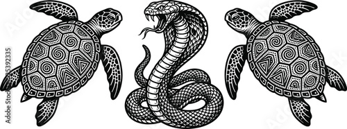 Sea turtle and cobra snake engraving style illustration set detailed wildlife animals black and white vector collection