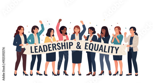 Diverse group of women in business attire holding a Leadership & Equality sign with raised arms in celebration on a white background with a vibrant and empowering mood.