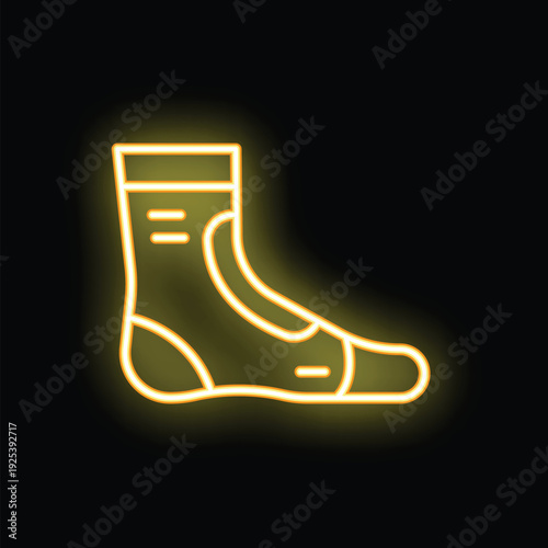Bright yellow neon icon of a compression sock, illuminating the concept of support and relief for athletes and individuals with medical conditions