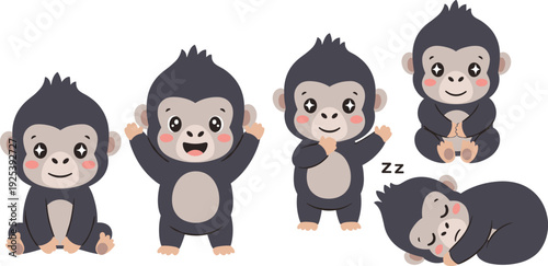 Cute Baby Gorilla Cartoon Character Pose Set Sitting Waving Thinking Sleeping Kawaii Primate Vector Collection for Kids Nursery and Sticker Design.
