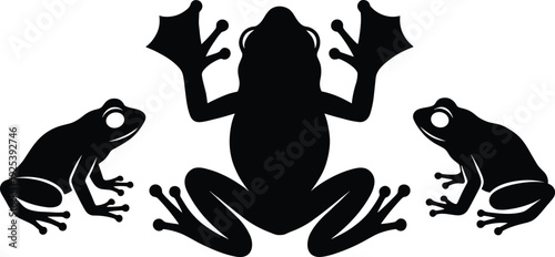 Frog silhouettes collection featuring tree frogs in various sitting and climbing poses isolated on white background, amphibian wildlife illustration set