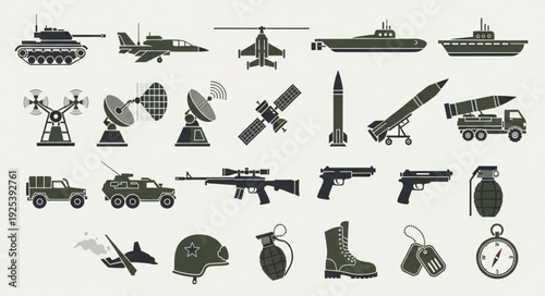 Collection of military equipment and vehicles icons.