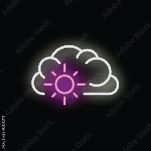 Bright purple and white neon sign of sun hiding behind the clouds on black background