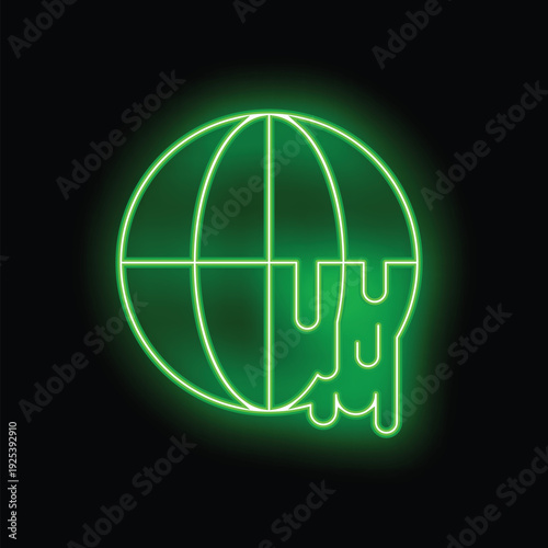 Green neon sign showing planet earth melting, representing global warming and climate change
