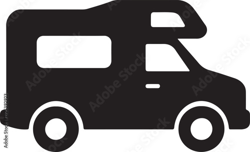 Camper van silhouette for travel lifestyle, road trip and van life adventure concept, modern recreational vehicle outline, smooth curves, minimal black vector illustration.