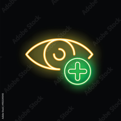 Glowing neon icon featuring an eye with a plus sign, symbolizing healthcare, vision correction, and eye care services