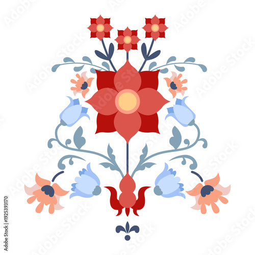 Nordic Folk Ornament. Symmetrical Bouquet with Scandinavian Flowers. Design Floral Composition. Vector illustration.