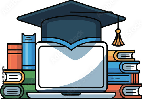 Digital Learning: A vibrant illustration depicts the modern fusion of academia and technology, as a laptop rests amidst a stack of books, crowned with a graduation cap.