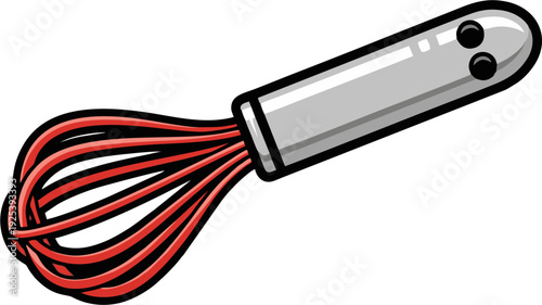 Red and silver kitchen whisk for baking and cooking.