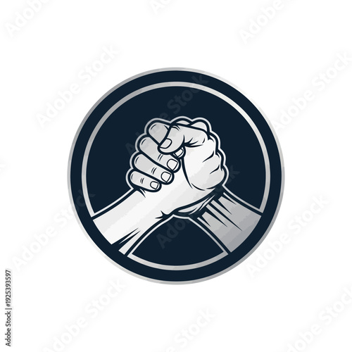 Two Hands Grappling in a Circular Emblem Representing Strength and Competition