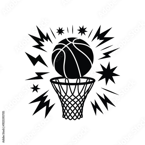 A basketball prominently of a hoop and hanging net.