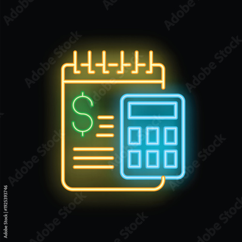 Neon icon of a calculator calculating money on a notepad, representing financial planning, budgeting, and accounting