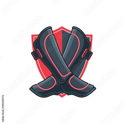 Black and red shin guards crossed in front of a shield logo