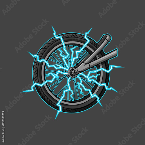 An Electric Stunt Bike Wheel Emanating Blue Lightning Energy